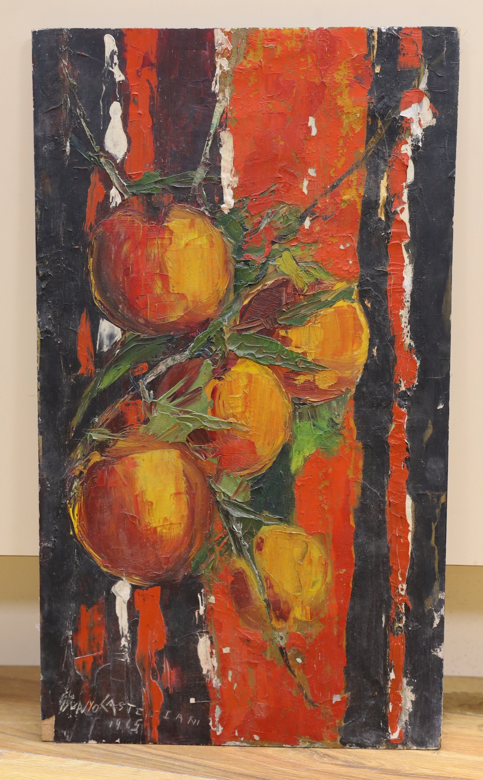 Givano Castellani, oil on wooden panel, Study of oranges, signed and dated 1965, 59 x 34cm